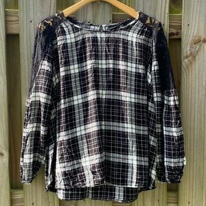 Lane Bryant Black White Plaid Blouse Lace Shoulder